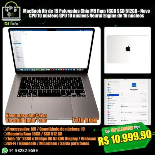 MacBook Air de 15 Polegadas Chip M5 Ram 16GB SSD 512GB