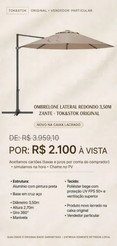 OMBRELONE LATERAL REDONDO 3,50M ZANTE - TOK&STOK ORIGINAL NOVO NA CAIXA LACRADO