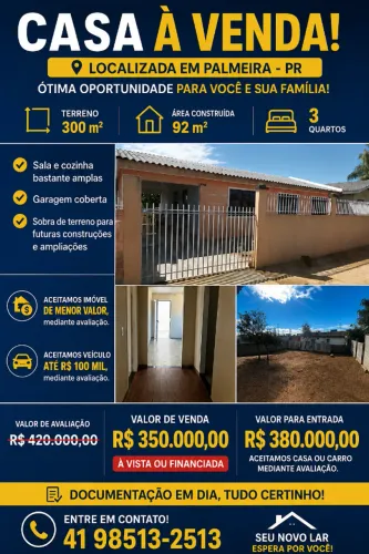 Casa em Palmeira Pr com 3 quartos