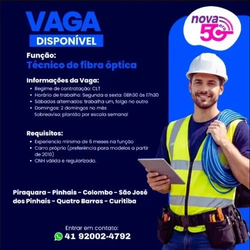 Técnico de Fibra Óptica + R$ 3.600 no min + benefícios