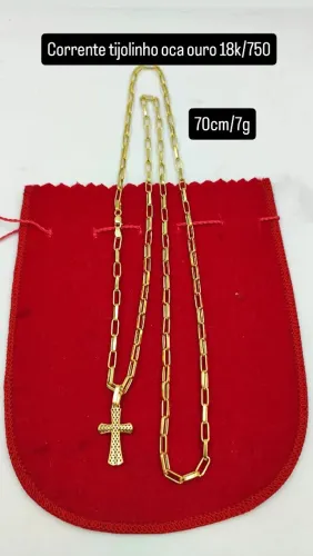 Corrente oca com pingente cruz ouro 18k/750