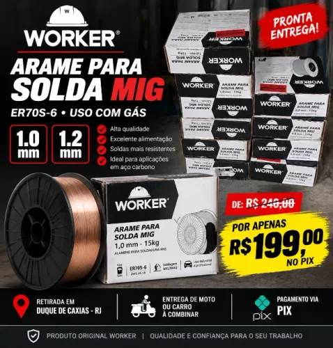 Arame MIG ER70S-6 WORKER 15kg - 1,0mm e 1,2mm - R$199**