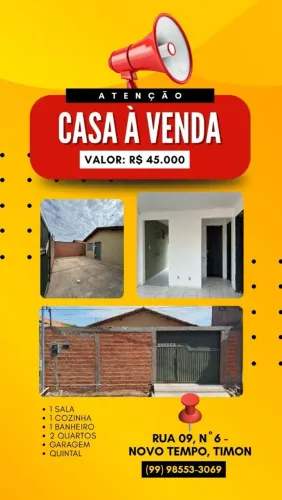 Casa à venda em Timon - 2 quartos, garagem e quintal - R$ 45.000