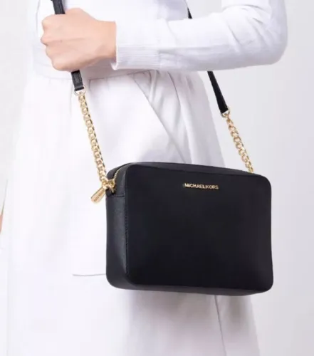 michael kors bolsa de couro feminina jet set transversal, preta