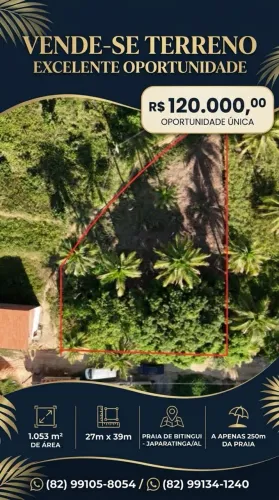 Terreno à Venda na Praia de Bitigui, Japaratinga-AL | 1.053 m² | A 300 m da Praia