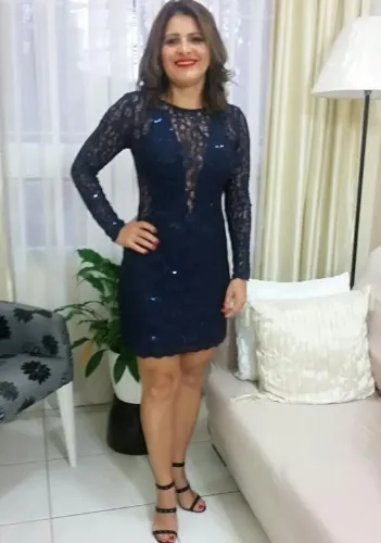 Vestido Festa Azul Marinho Renda Paetê Manga Longa M 38/40