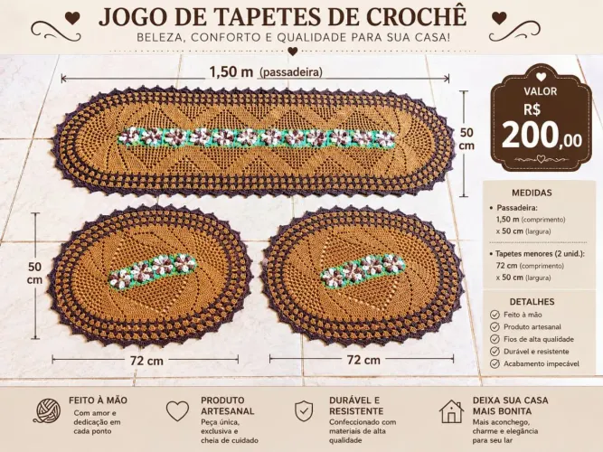 Jogo de tapete 3 peças em crochê