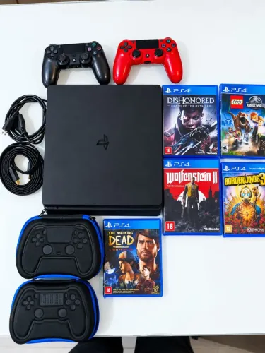 PS4 Slim Completo + 2 Controles + 5 Jogos