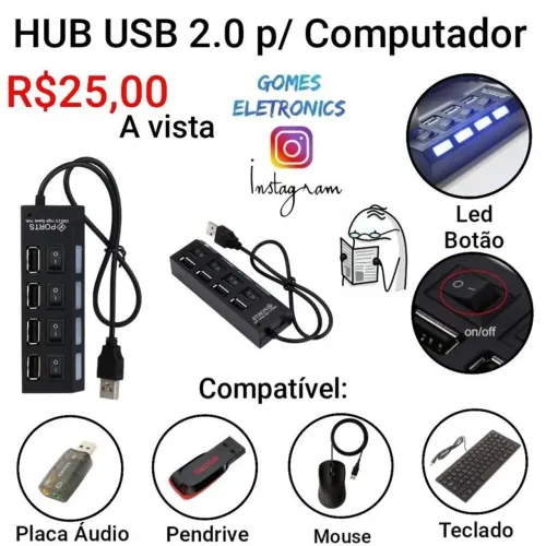 Hub usb 4 Portas Carregador Adaptador Led com Chave Seletora 2.0 (Loja fisica)