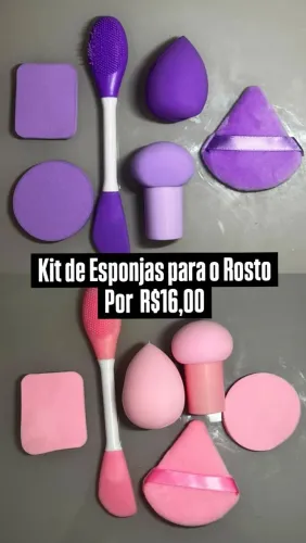 Kit de Esponjas para Maquiagem e Limpeza Facial | Rosa ou Roxo | R$ 16,00 ?