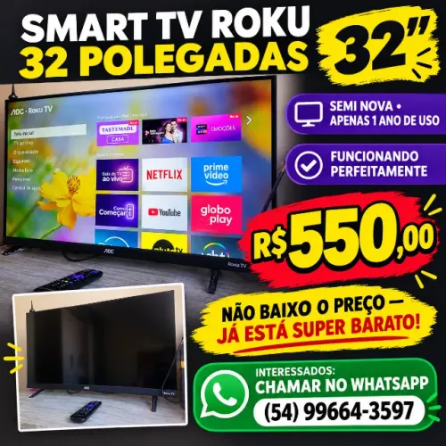 Smart TV Roku 32 polegadas, acompanha controle e antena interna.