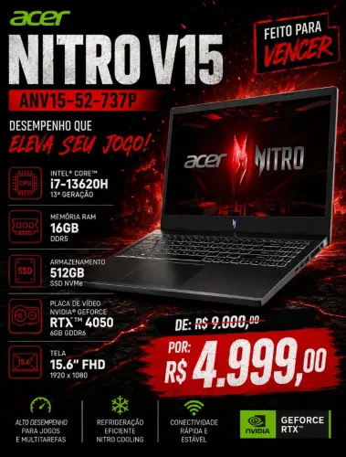 Notebook Acer Nitro V15 Intel i7 13th 16GB SSD 512GB RTX 4050 Novo Lacrado