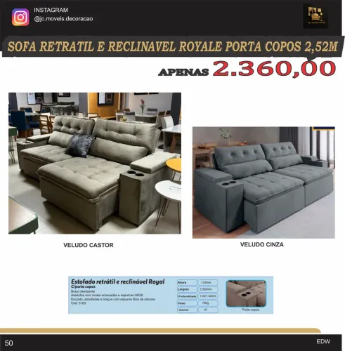 SOFÁ RETRATIL E RECLINÁVEL ROYALE COM PORTA COPOS 