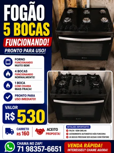 FOGÃO 5 BOCAS FUNCIONANDO + FORNO 100% | R$ 530 | OPORTUNIDADE