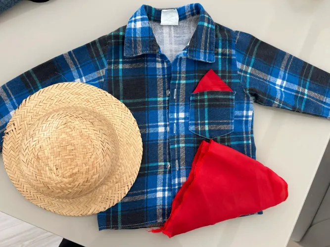 Kit Caipira Infantil Completo - Camisa Xadrez + Chapéu + Lenço (Festa Junina)