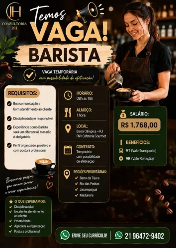 VAGA TEMPORÁRIA - GARÇOM | BARISTA 