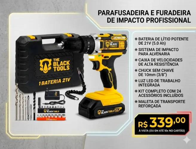 Furadeira e Parafusadeira Portátil Impacto Recarregável The Black Tools