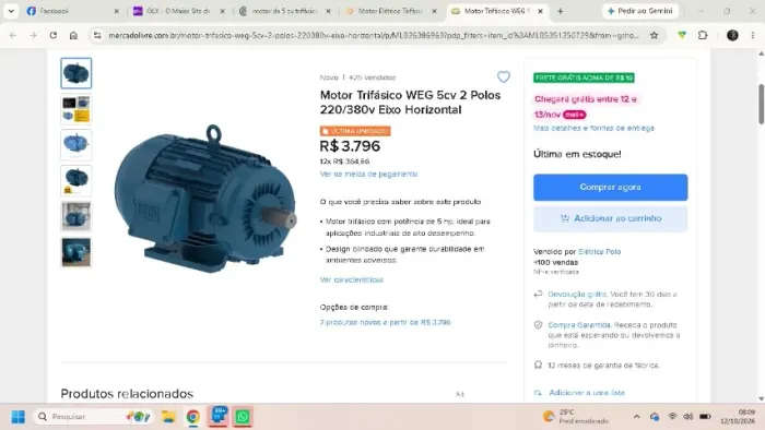 Motor 5 cavalos CV 2P polos Marca WEG