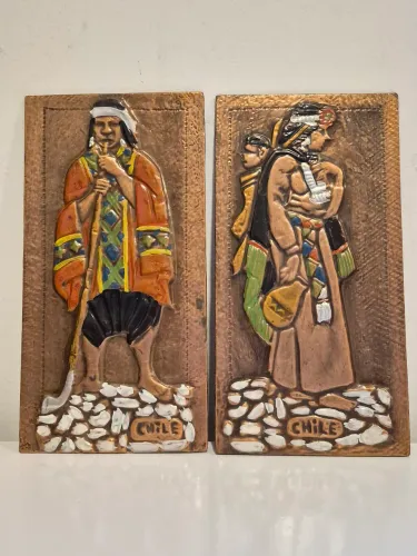 Par de placas de cobre decorativas artesanato chileno