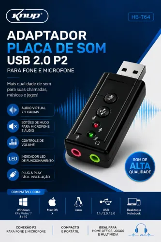 ADAPTADOR PLACA DE SOM KNUP USB2.0 7.1 