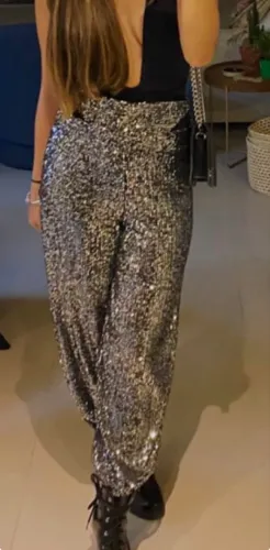 Calça de brilho, paete prata, menih, tamanho P