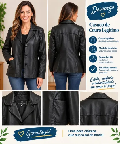 Casaco de couro legítimo feminino tam 46
