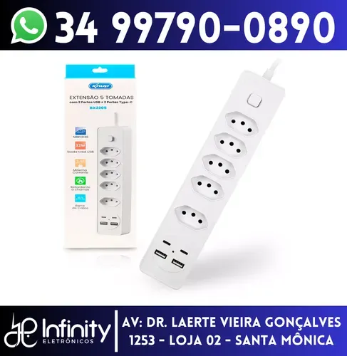 Filtro de Linha 5 Tomadas 2 Usb 2 Tipo-C com 2 metros