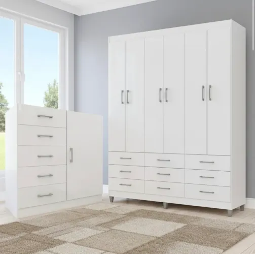 Guarda-Roupa Casal Aurora 6 Portas com Cômoda Sapateira 5 Gavetas Branco