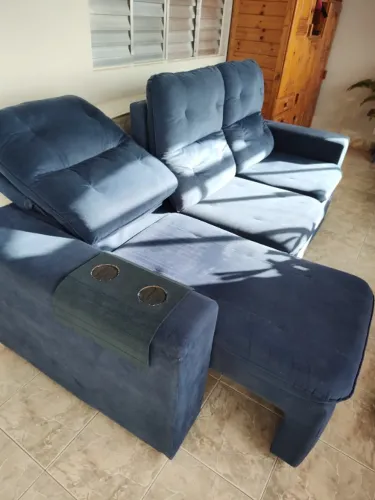 Sofá retrátil suede azul 3 lugares