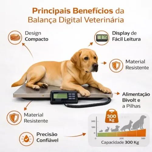 Balança Veterinária Digital 300kg Plataforma Inox 52x42cm Alta Precisão Profissional