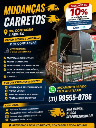 MUDANÇAS & CARRETOS<br>CARRETOS<br><br>BH, CONTAGEM<br><br>E REGIÃO<br><br>CARRBHETOS<br><br>BH, CONTAGEM<br><br>E REGIÃO