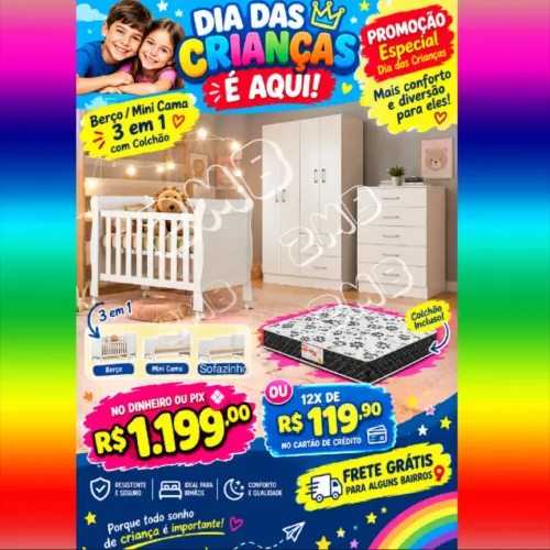 Quarto de Bebê Guarda roupa, berço com Colchão e cômoda