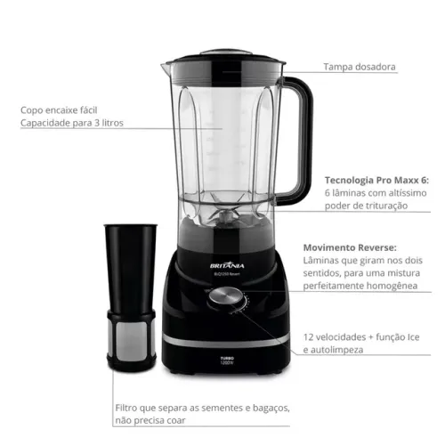 Liquidificador Britânia Revert Turbo Blq1250 3 L Preto 220v-12 velocidades