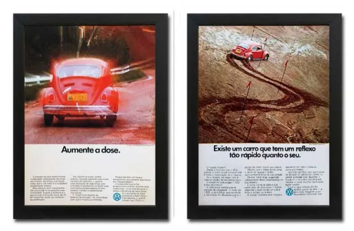 Fusca 1500 - Kit com 2 quadros decorativos com propaganda original de revista