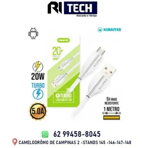 Cabo de Dados e Carga Kimaster Micro Usb V8 20W 1m 1 Ano de Garantia CB613