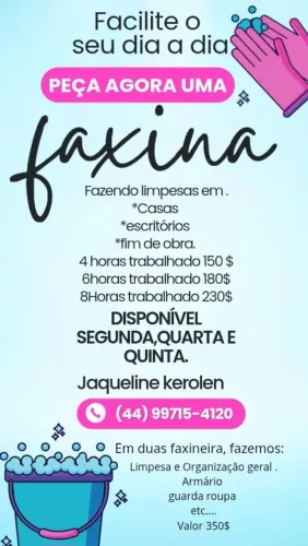 Faxina - diária - limpeza em geral e organização - casa, escritório e apartamento.