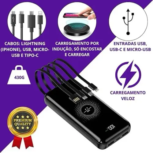 Power Bank 10000 mAh para Smartwatch com Carregamento por Indução