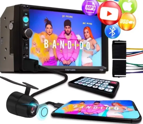 Central Multimídia 7 Polegadas Bluetooth USB SD Câmera