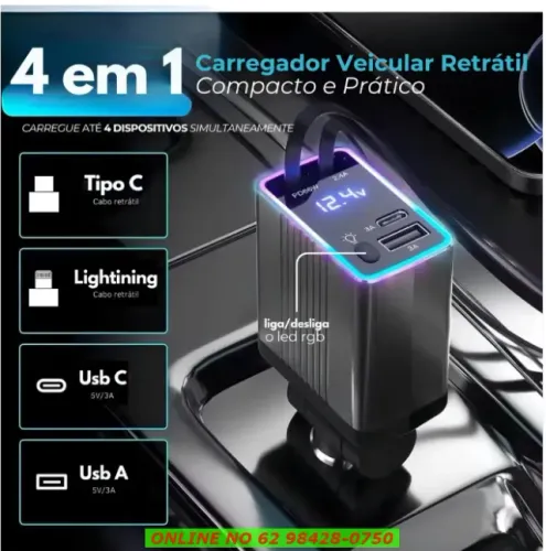 Carregador Veicular Retrátil Type-c Lightning Cinza iphone