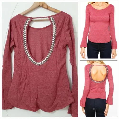 blusa feminina manga longa com decote nas costas.