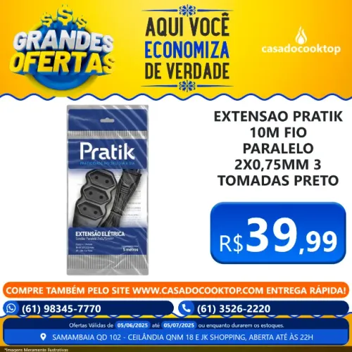 Extensao Pratik 10m Fio Paralelo 2x0,75mm 3 Tomadas Preto