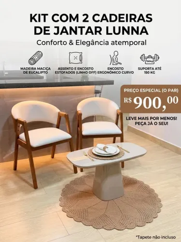 Kit 2 Cadeira de Jantar Estofada Lunna Moderna Linho Off com Courissimo Caramelo