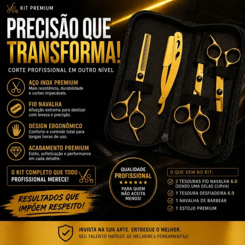 Kit Tesoura Profissional Barbeiro 3 Tesouras + Navalha + Estojo