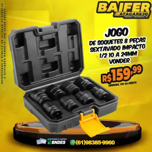 Jogo de Soquete 8 Peças Sextavado Impacto 1/2 10 a 24mm Vonder 