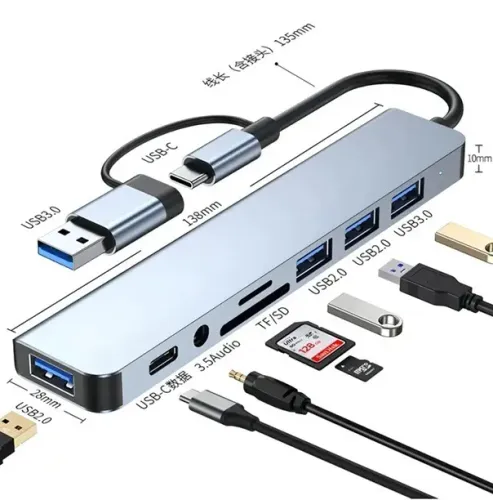 Hub USB-C 8 em 1 5Gbps TF+SD em Alumínio MST015 - Tomate