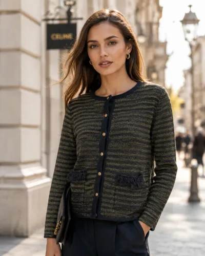 Cardigan Casaco Tricô Maria Filó Tamanho M - Estilo Tweed c/ Franjas
