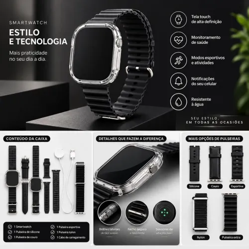 Smartwatch Ultra AI 3 - Preto - Várias Pulseiras e Carregador