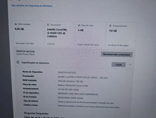 Vendo CPU gamer i3 de 9 geração derr4 8gb ram SSD 120 HD 1tera placa de vídeo 4gb
