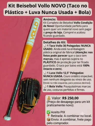 Kit Beisebol Vollo NOVO (Taco no Plástico + Luva Nunca Usada + Bola)