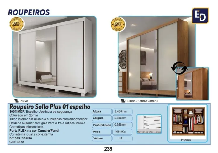 Roupeiro Sollo Plus c/ 01 espelho e pés - R$ 2.980,00